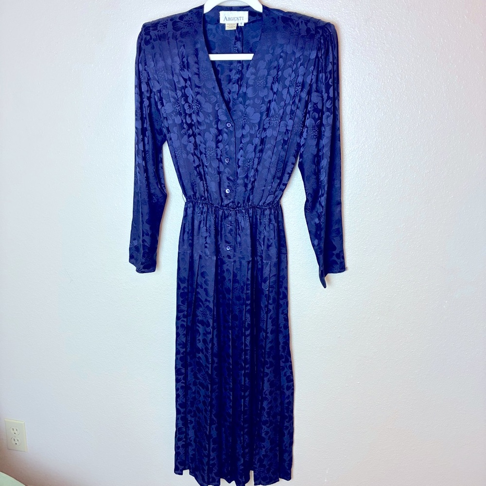 Vintage 80’s blue Argenti silk midi dress v neck pleated button down
